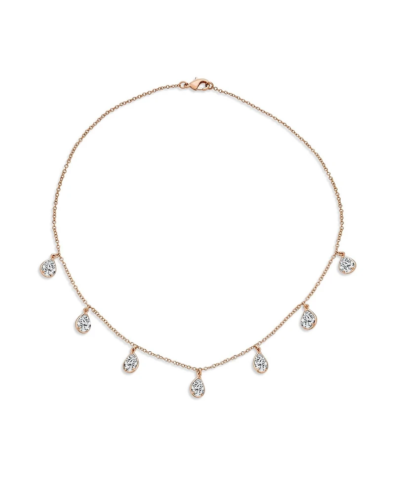 Bling Jewelry Multi Tear Drops Rose Gold Plated Brass Chain Cubic Zirconia Necklace Earrings Set