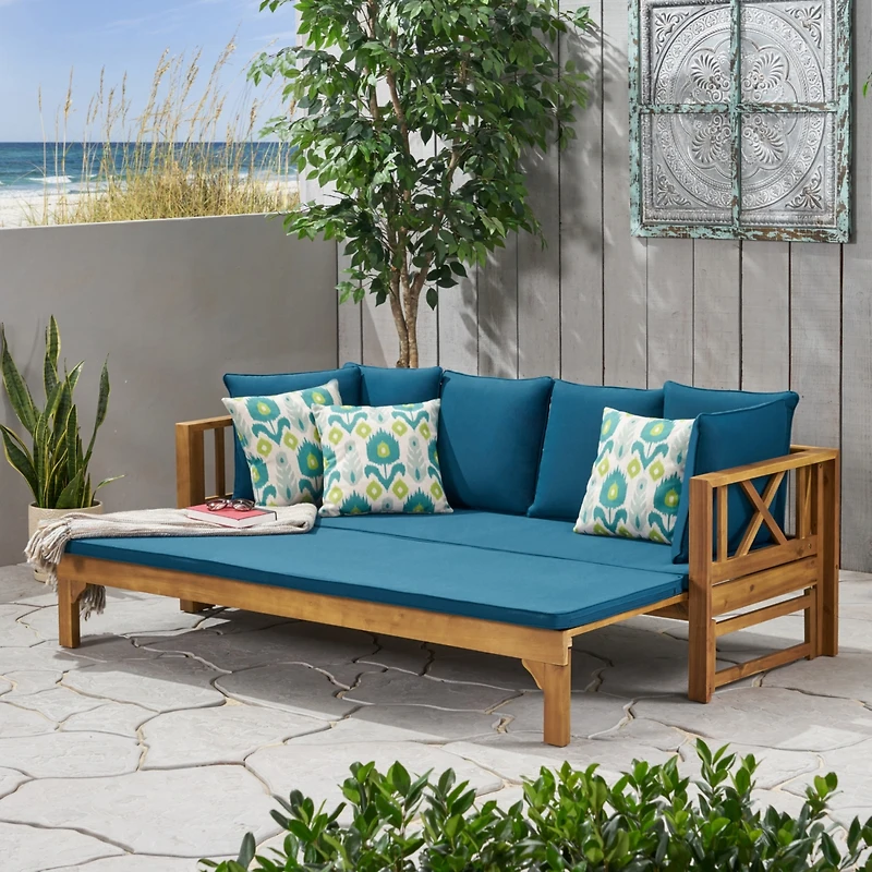 Streamdale Rustic Acacia Wood Expandable Daybed With Water-Resistant Cushions