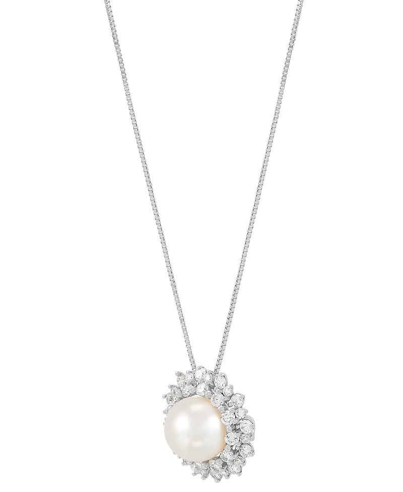 Grown With Love Cultured Freshwater Pearl (8mm) & Lab Grown Diamond (3/4 ct. t.w.) Double Halo 18" Pendant Necklace in 14k White Gold