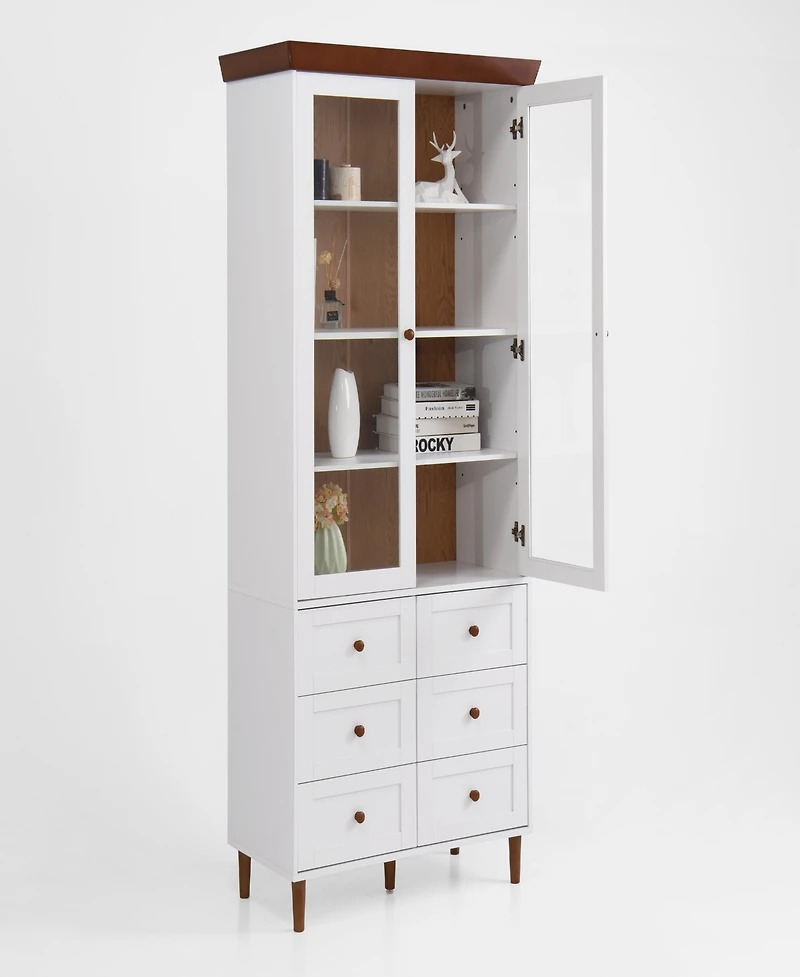 Streamdale Furniture White Mdf Display Storage Cabinet, Tall Kitchen Pantry Cabinets with Glass Doors and Adjustable Shelves, Freestanding Storage Cup