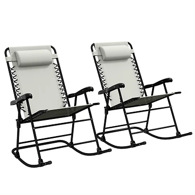 2 Piece Outdoor Rocking Chair Set, Patio Folding Lawn Rocker Set with Headrests for Yard, Patio, Deck, Backyard, Cream White