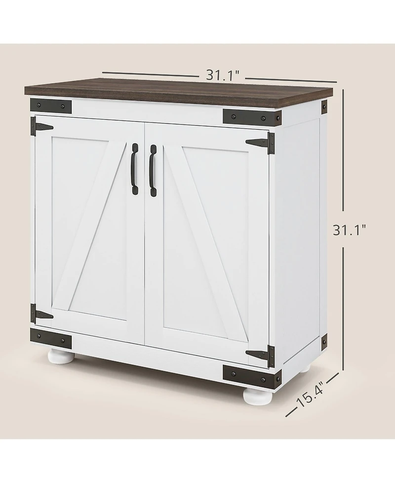 Modern Farmhouse Sideboard, Buffet Cabinet with Barn Style Door and Adjustable Shelf, Kitchen Storage Cabinet with Wood Legs, Distressed White and Bro