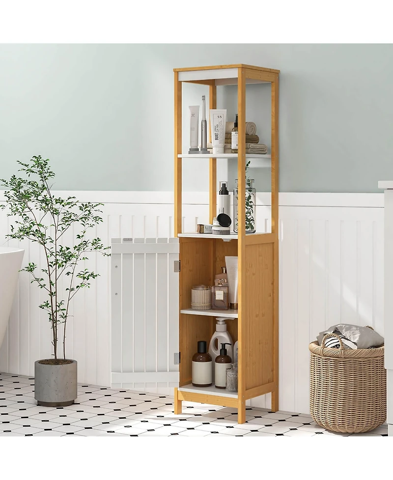Gymax Tall Bathroom Floor Cabinet Bamboo Bathroom Storage w/Adjustable Shelf &Cupboard