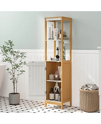 Gymax Tall Bathroom Floor Cabinet Bamboo Bathroom Storage w/Adjustable Shelf &Cupboard