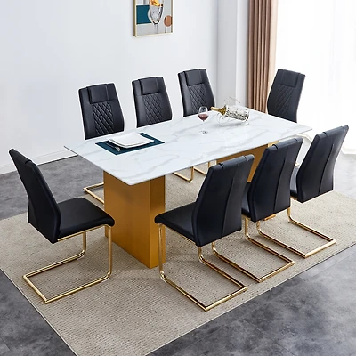 Simplie Fun Table and chair set.Large modern rectangular table with 0.4 inch patterned glass tabletop and large Mdf table legs.Comes with 8 chairs wit