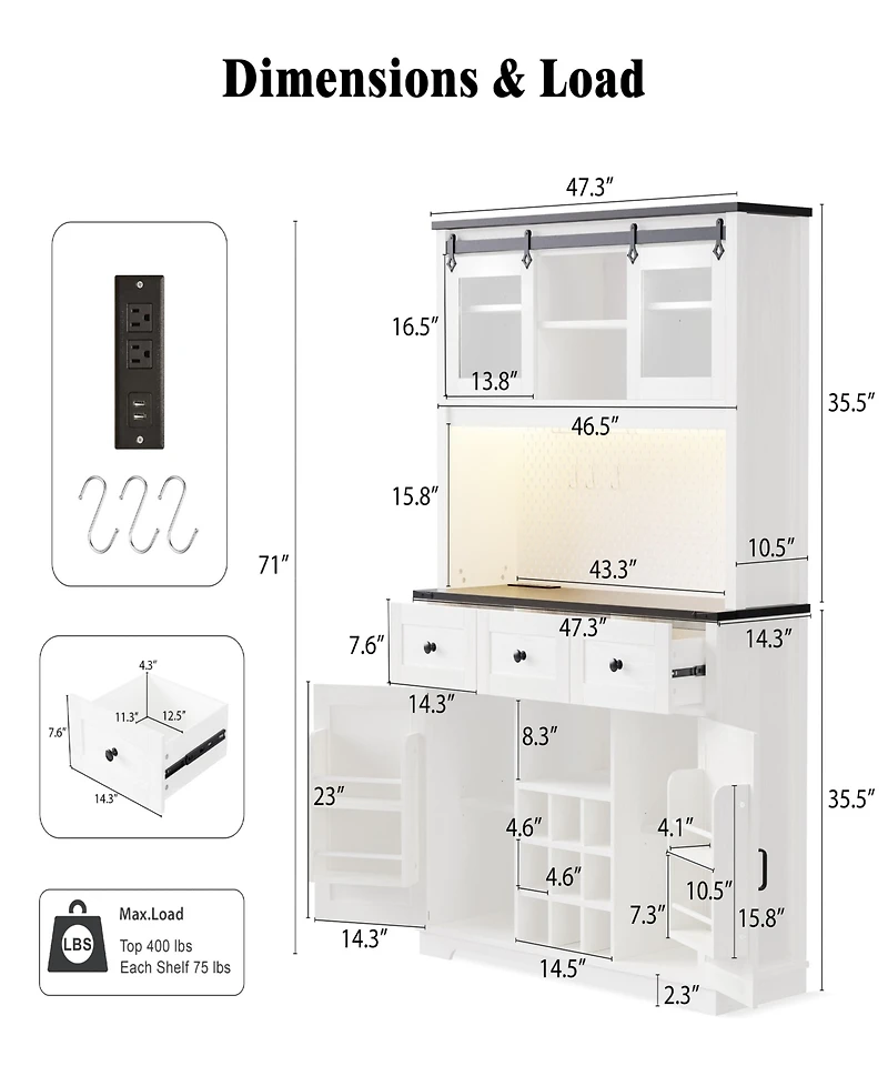 Streamdale 71" Farmhouse Pantry Cabinet with Storage and Power Outlets