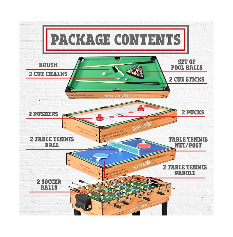 SereneLife 4-in-1 Multi-Function Game Table with Foosball, Pool, Hockey, and Ping Pong