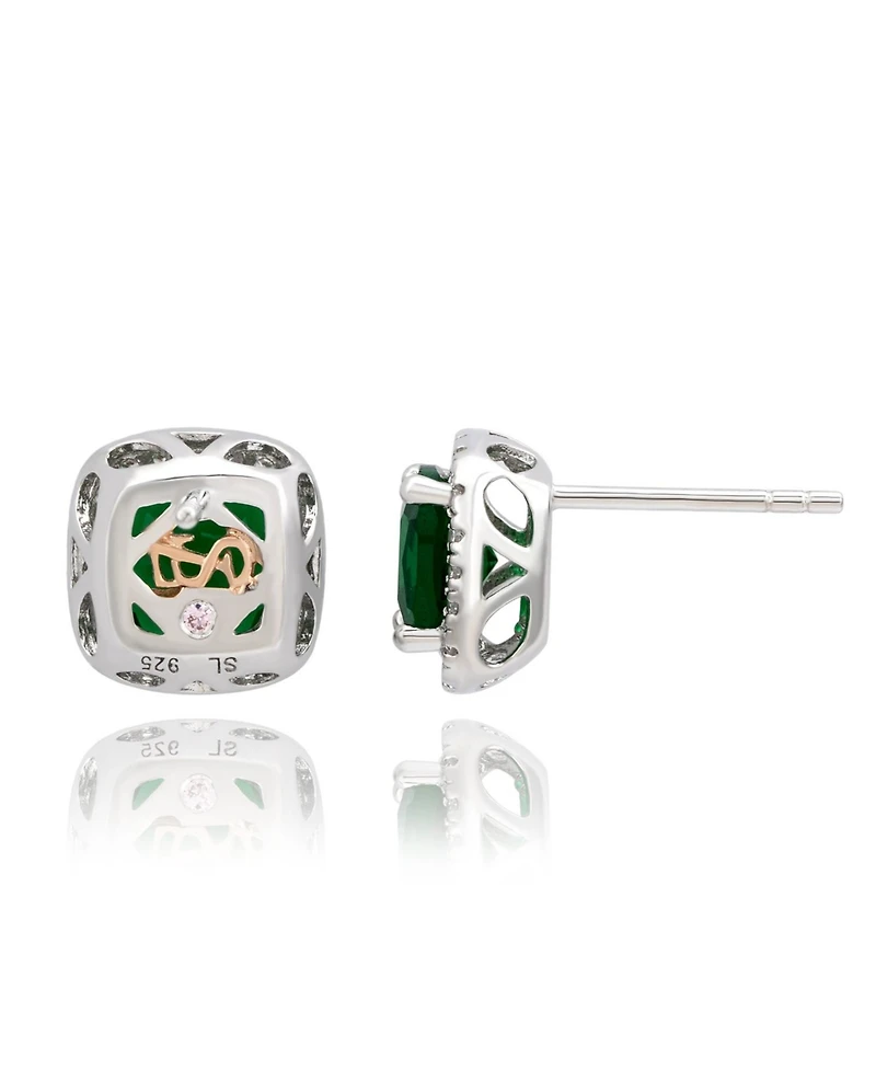 Suzy Levian Sterling Silver Cushion Cut Green Cubic Zirconia Halo Studs