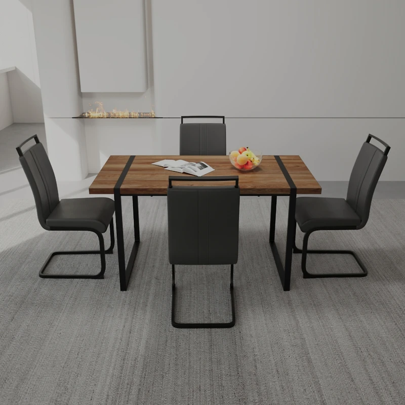 Streamdale Furniture 59" Rural Industrial Rectangular Mdf Wood Color Dining Table Set and Pu Armless Dining Chair Set 4. Kitchen Black Metal Table Leg
