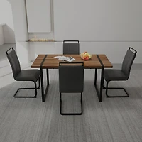 Streamdale Furniture 59" Rural Industrial Rectangular Mdf Wood Color Dining Table Set and Pu Armless Dining Chair Set 4. Kitchen Black Metal Table Leg