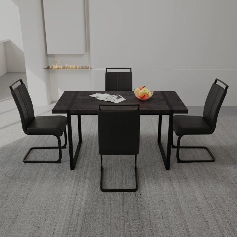Streamdale Furniture 59" Rural Industrial Rectangular Mdf Black Dining Table Set and Pu Armless Dining Chair Set, 4 pieces. Kitchen Black Metal Table