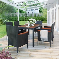 7-Piece Outdoor Patio Dining Set, Garden Pe Rattan Wicker Dining Table and Chairs Set, Acacia Wood Tabletop, Stackable Armrest Chairs with Cushions, R