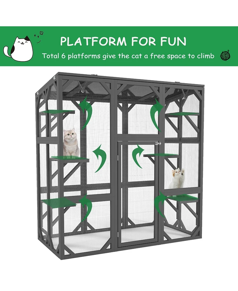 Streamdale Furniture Catio Outdoor Cat Enclosure Cat House Wooden Cat Cage Large Feral Cat Shelter for Mulitiple Cats with Six Platforms, Large Enter