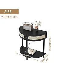 Streamdale Furniture Unique Half Moon Design End Table with Rattan Door, Elegant Semicircle Sofa Side Table with 2 Rattan Storage Cabinet and Bottom S