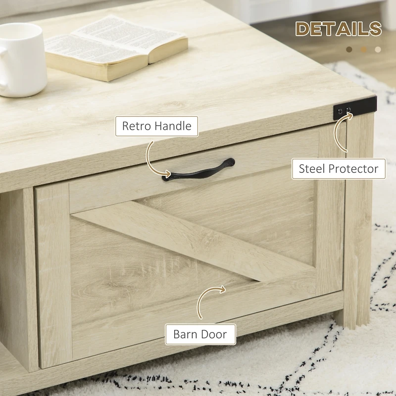 Farmhouse Coffee Table with Storage and Drawer, Rustic Coffee Table for Living Room, Open Shelf, Pale Oak