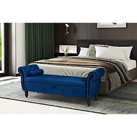 63-inch Storage Bench, modern velvet Ottoman, large capacity storage bench with armrest, suitable for living room, bedroom (H dark blue)