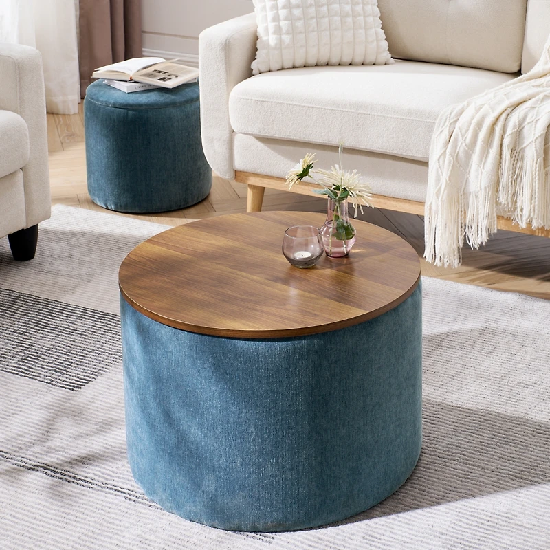 Streamdale Chenille Storage Ottoman with Stool and Desktop (Dark Blue)