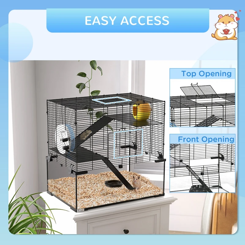 Hamster Cage, 23.5" Gerbil Cage with Glass Basin, Ramps, Platforms, Hut, Exercise Wheel, for Small Hamsters, Black