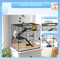 Hamster Cage, 23.5" Gerbil Cage with Glass Basin, Ramps, Platforms, Hut, Exercise Wheel, for Small Hamsters, Black