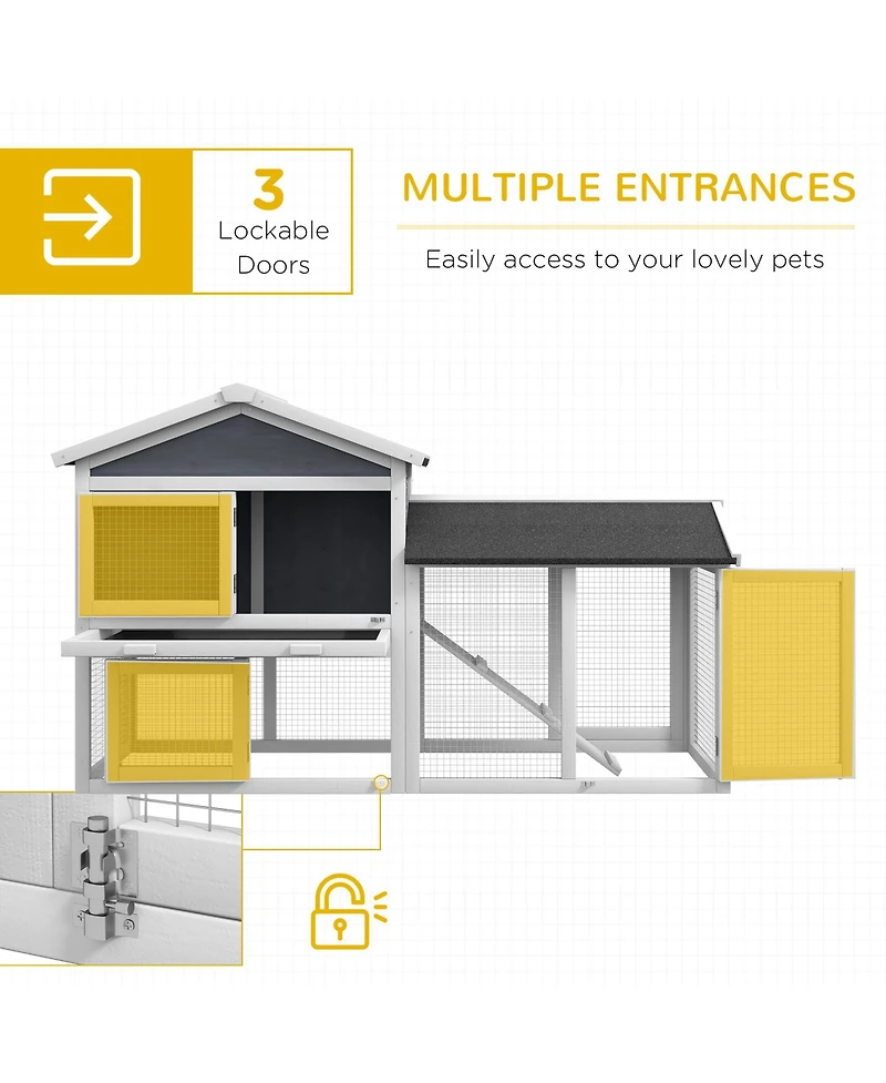58" Rabbit Hutch, Wooden Bunny Hutch, Guinea Pig Cage, Small Animal Enclosure with Run Area, Removable Tray, Asphalt Roof, Lockable Doors and Ram
