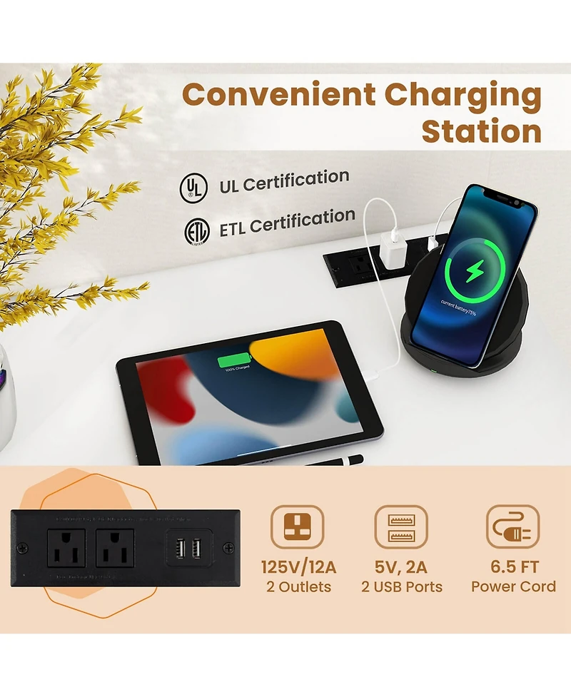 Costway 32" Meeting Room Desk Set of 2 with Charging Station & Headphone Hook Metal Frame