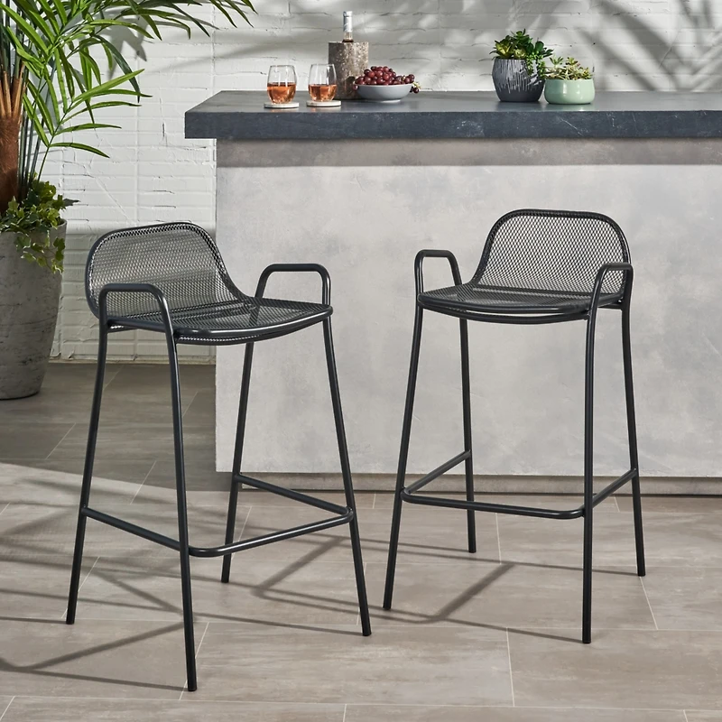 Streamdale Modern Matte Black Iron Barstools With Mesh Seating (Set Of 2)