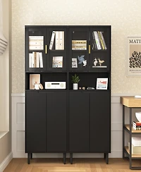 Streamdale Furniture Tall Storage Show Cabinet with 2 Glass Display Door & 2 Doors, Tall Kitchen Pantry Cabinet with Gold Handles, Modern Cabinet Free