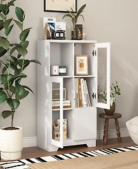 Streamdale Furniture Wooden Floor Cabinet with 2 Glass Doors and 2 Storage Space, White, Living Room Bathroom Entryway White