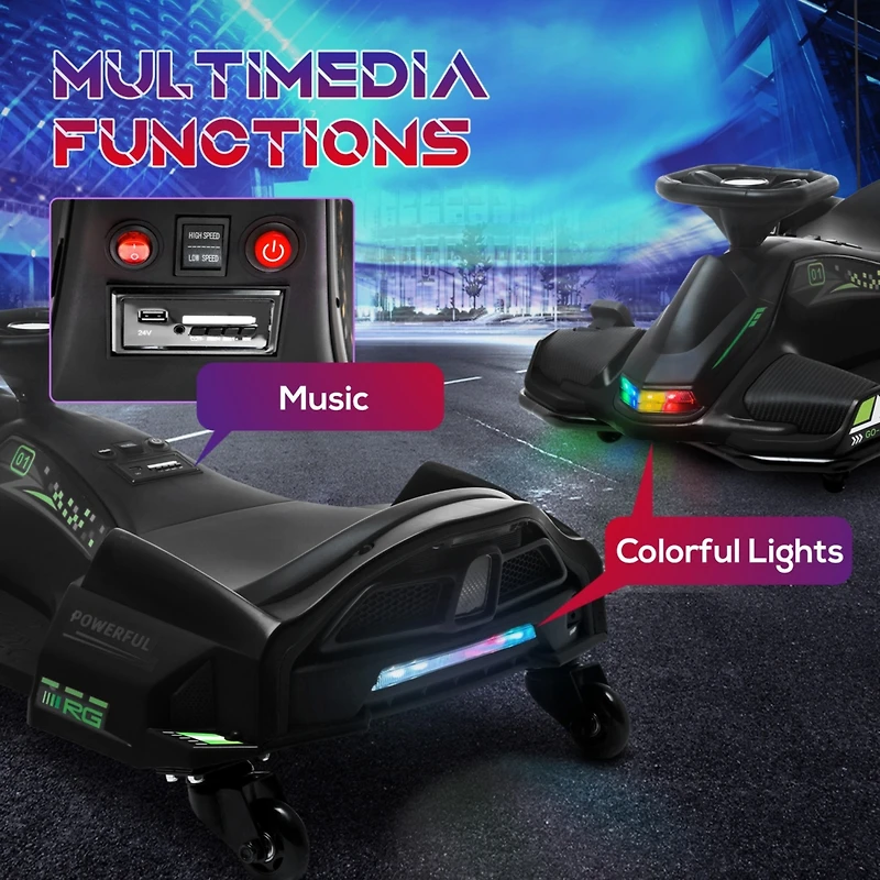 12V Electric Go Kart, 5 Mph Drifting Car, Battery Powered Ride on Toy Outdoor with Slow Start, Music, Colorful Lights, for 8-12 Years Old, Black