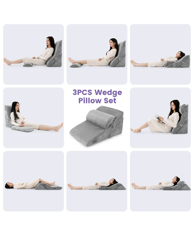 Sugift 3 Pieces Orthopedic Bed Wedge Pillow Set Adjustable Support for Back Neck