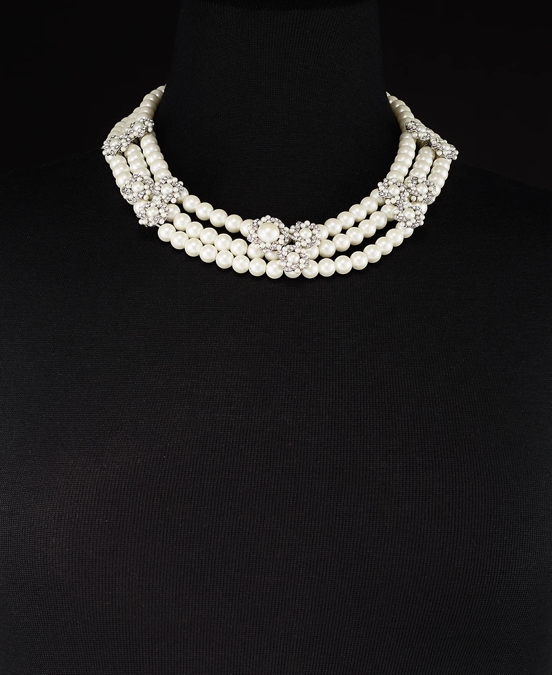 Charter Club Silver-Tone Pave & Imitation Pearl Cluster Triple-Row Collar Necklace, 17" + 2" extender, Exclusively at Macy's