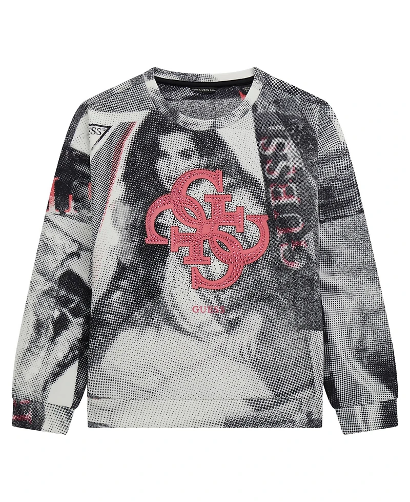 Guess Big Girls Newspaper Collage Scuba Long Sleeve Sweatshirt