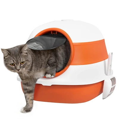 Cat Litter Box with Lid, Covered Litter Box w/ High Sides, Air Freshener, Large Two-Way Entrance Kitty Litter Box, Foldable, Easy Clean, Orange, and B
