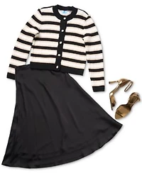 Cece Womens Striped Cardigan Sweater Satin Midi Skirt
