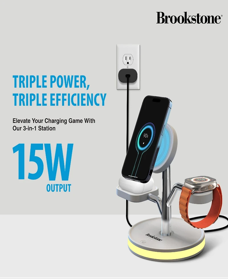 Brookstone 3-in-1 Magsafe Wireless Charging Tree for iPhone, Airpods, and Apple Watch.