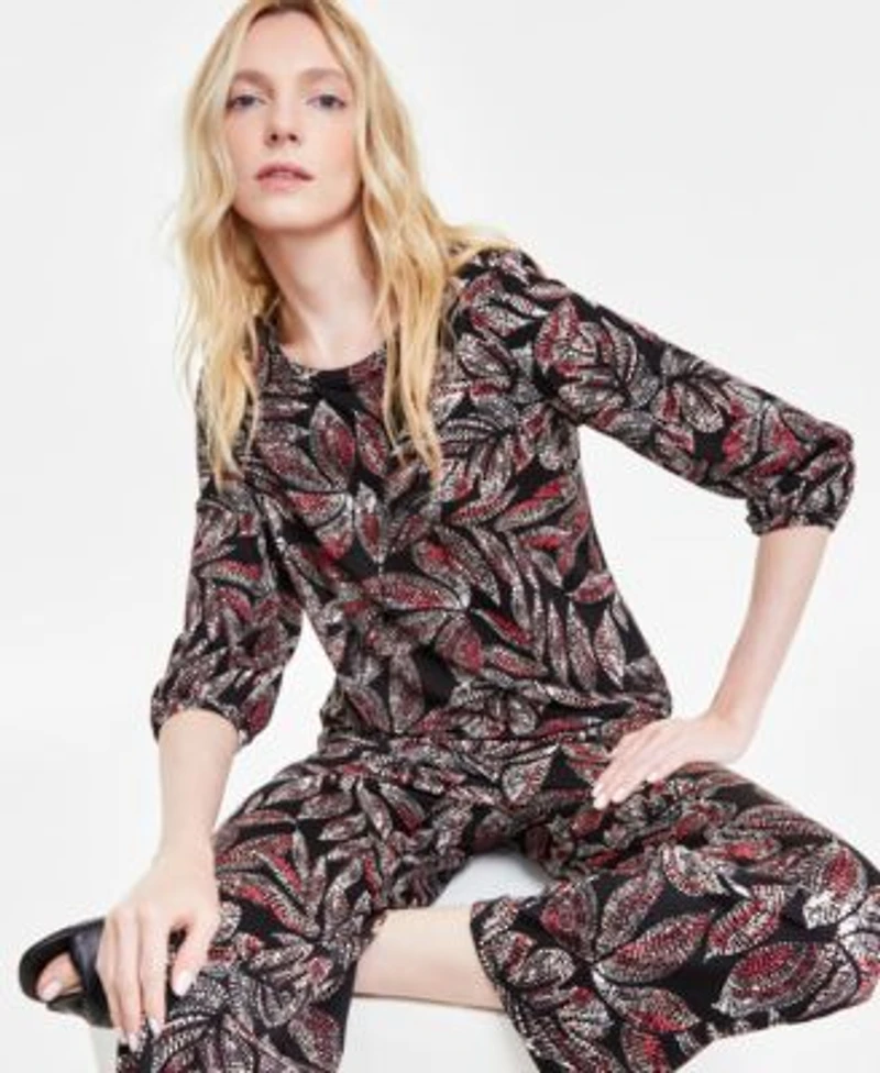 Jones New York Womens Printed Moss Crepe Button Shoulder Top Wide Leg Pull On Pants
