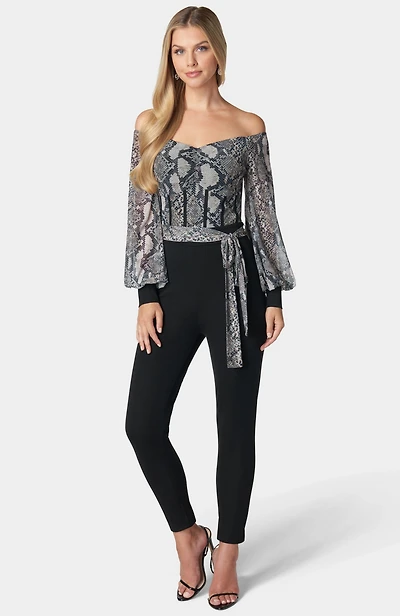 bebe Women's Printed Mesh Off Shoulder Catsuit