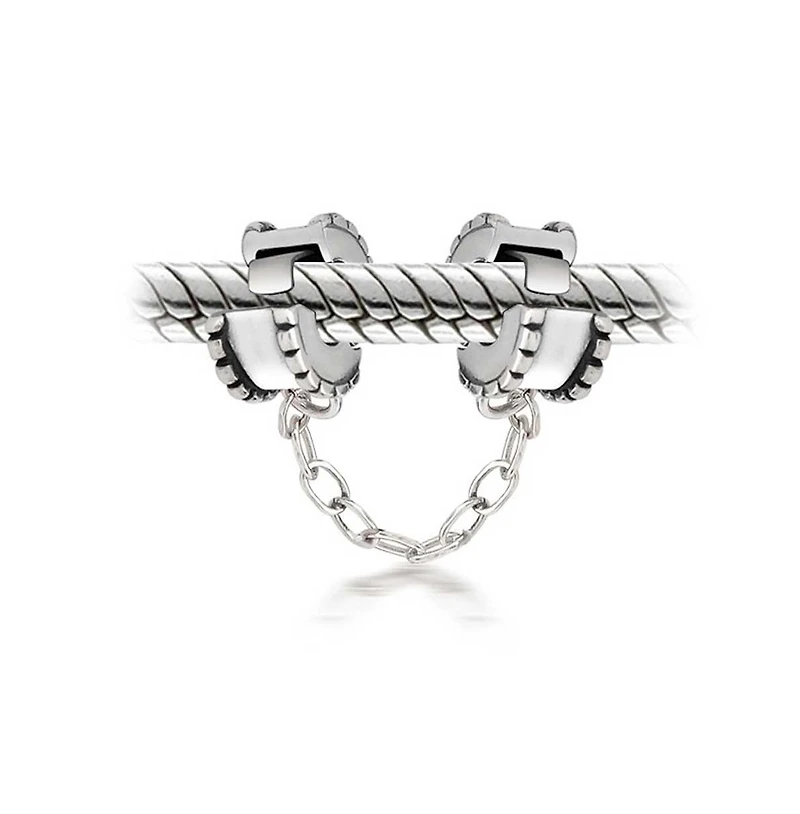 Bling Jewelry Beaded Edge Handcuff Double Safety Chain Spacer Stopper Daisy Flower Charm Bead .925 Sterling Silver Fits European Bracelet