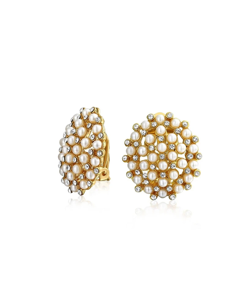 Bling Jewelry Art Deco Geometric Round White Pearl Clip-On Earrings 14K Gold Plated Fashion