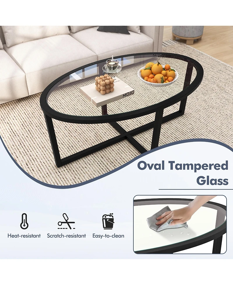 Gymax Modern Glass Coffee Table w/ Cross Base & Acacia Wood Legs for Small Spaces