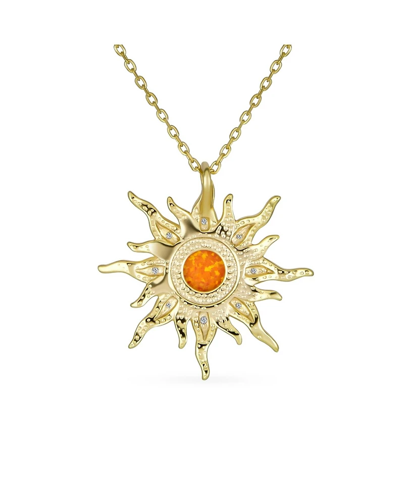 Bling Jewelry Irradiance Cz Accents Summer Beach Fun Created Orange Fire Opal Flaming Sunshine Star Sunburst Necklace Pendant Yellow Gold Plated .925