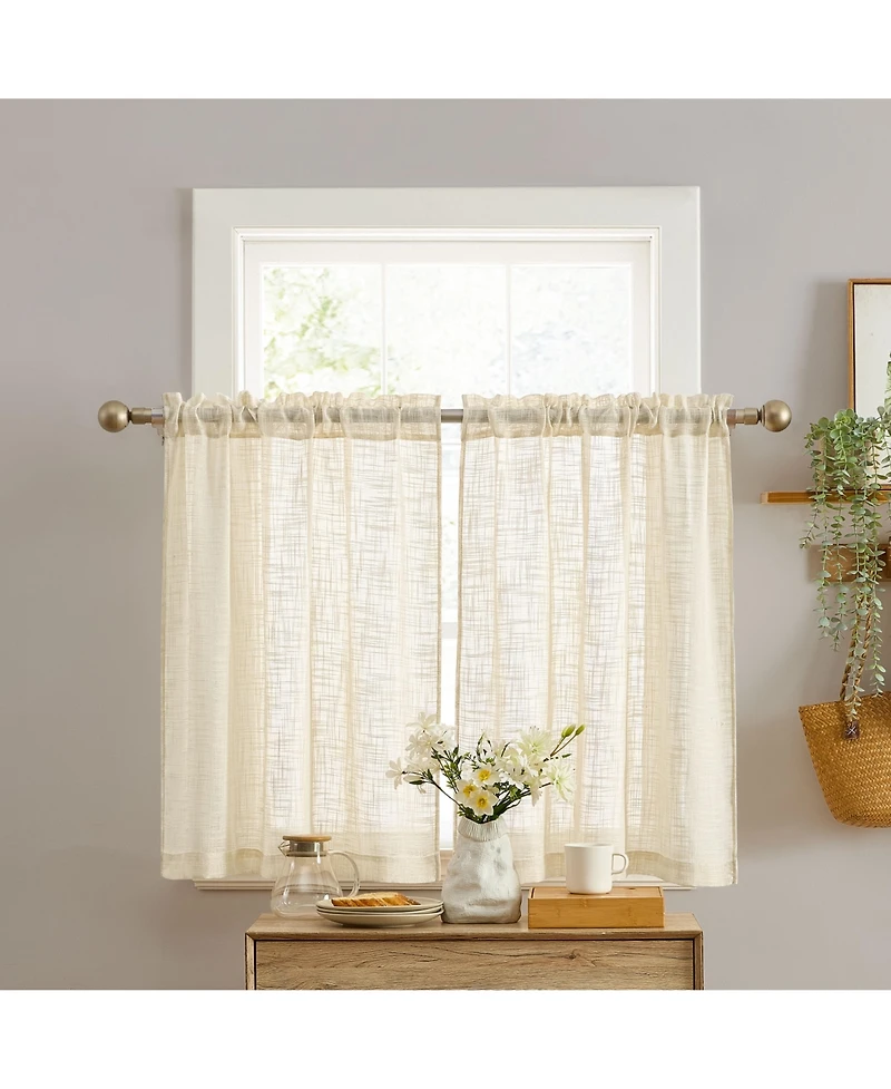 Hlc.me Linda Faux Linen Textured Semi Sheer Privacy Light Filtering Transparent Rod Pocket Short Thick Cafe Curtain Tiers for Small Windows