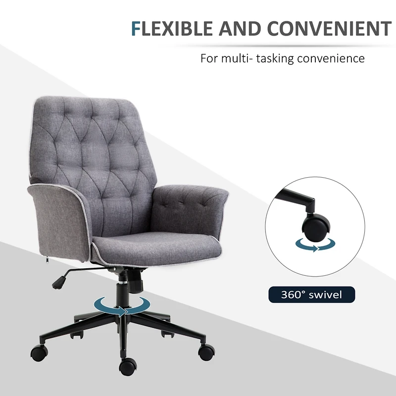 Linen Home Office Chair, Tufted Height Adjustable Computer Desk Chair with Swivel Wheels and Padded Armrests, Dark Gray