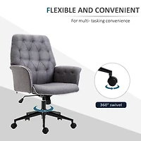 Linen Home Office Chair, Tufted Height Adjustable Computer Desk Chair with Swivel Wheels and Padded Armrests, Dark Gray