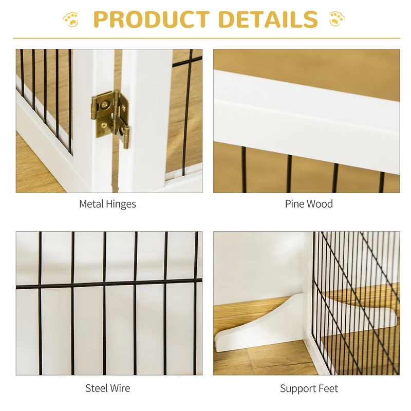 Wooden Dog Gate, 170" Freestanding Pet Gate, 6-Panel Foldable Dog Safety Barrier with 2 Support Feet for House Doorway Stairs, Small and Medium D