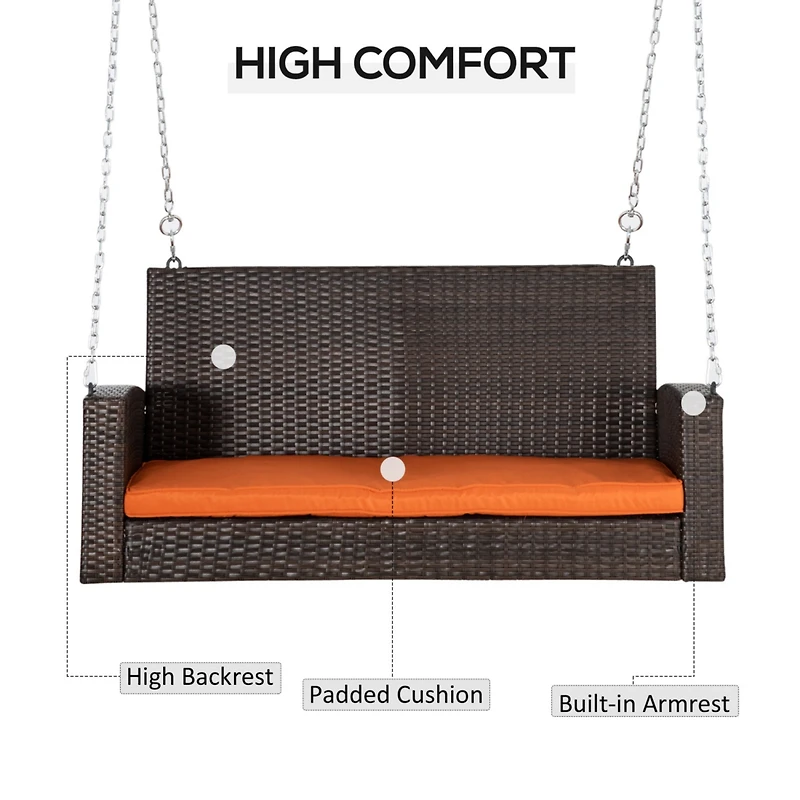 2 Person Wicker Hanging Swing Bench, Front Porch Swing Outdoor Chair with Cushions 550 lbs. Weight Capacity for Backyard, Garden, Orange