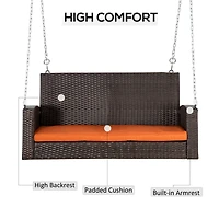 2 Person Wicker Hanging Swing Bench, Front Porch Swing Outdoor Chair with Cushions 550 lbs. Weight Capacity for Backyard, Garden, Orange
