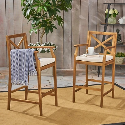Streamdale Acacia Wood Outdoor Barstools With Water-Resistant Cushions (Set Of 2)