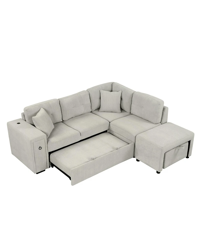 Simplie Fun 86.6" Sectional Sofa L-shaped Sofa Couch Pull-out Sofa Bed with a Movable Ottoman, Two Usb Ports and Two Cup Holders for Living Room, Gray