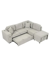 Simplie Fun 86.6" Sectional Sofa L-shaped Sofa Couch Pull-out Sofa Bed with a Movable Ottoman, Two Usb Ports and Two Cup Holders for Living Room, Gray